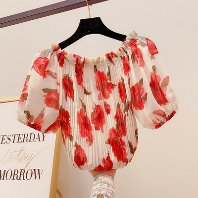 Bluza de dama plisata cu model floral in doua culori