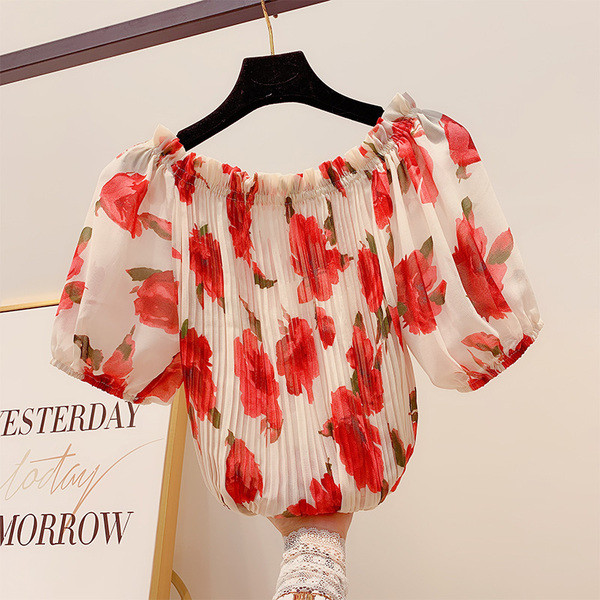 Bluza de dama plisata cu model floral in doua culori