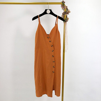 Rochie de dama cu bretele subtiri si nasturi de culoare maro