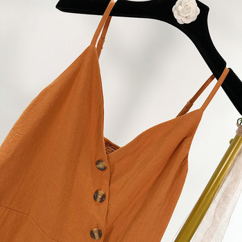 Rochie de dama cu bretele subtiri si nasturi de culoare maro