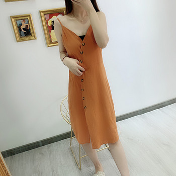 Rochie de dama cu bretele subtiri si nasturi de culoare maro