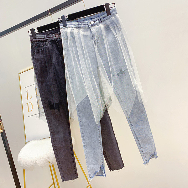 Blugi lungi de dama cu element din tul in doua culori