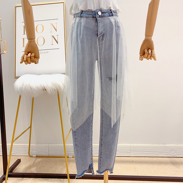 Blugi lungi de dama cu element din tul in doua culori