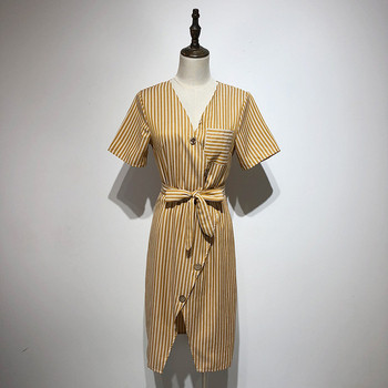 Rochie lunga in dungi cu nasturi si cravate in talie