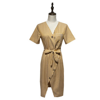 Rochie lunga in dungi cu nasturi si cravate in talie