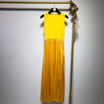 Rochie lungă plisată cu bretele largi de culoare galbenă