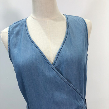 Rochie de damă din denim cu bretele largi și legături în talie