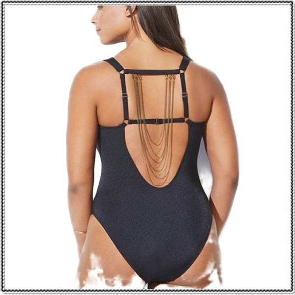 Costum de baie complet model NOU negru cu decolteu în V cu mărimi până la 4XL