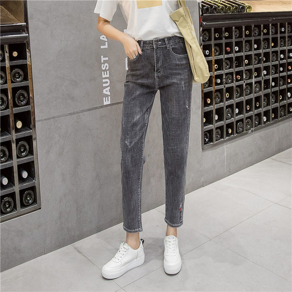 Blugi de dama actuali cu talie inalta de culoare gri