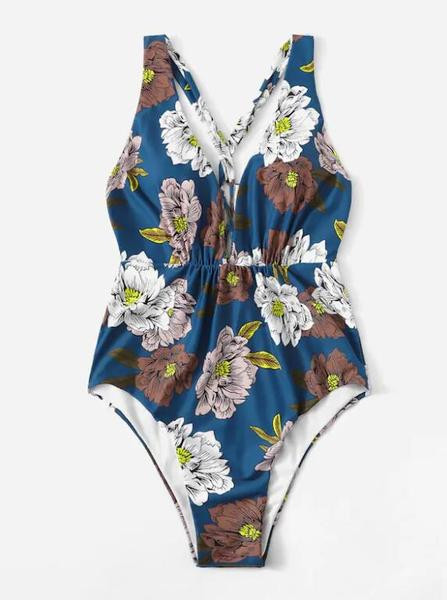 Μεγάλο μέγεθος μαγιό σε μπλε χρώμα με λουλουδάτο πριντ