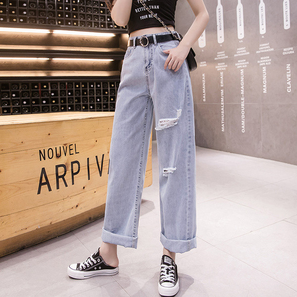 Blugi casual dama - model larg cu talie inalta