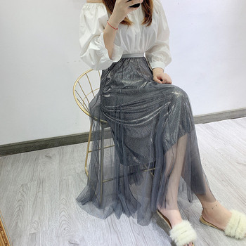 Fusta de dama moderna cu tul si efect stralucitor - trei culori