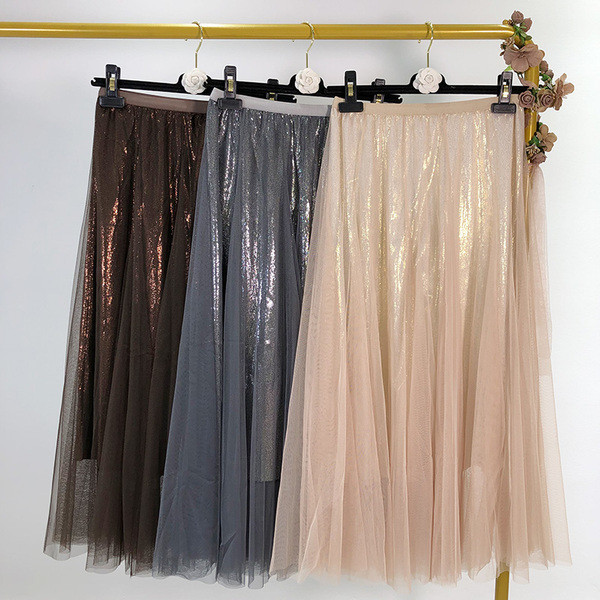 Fusta de dama moderna cu tul si efect stralucitor - trei culori