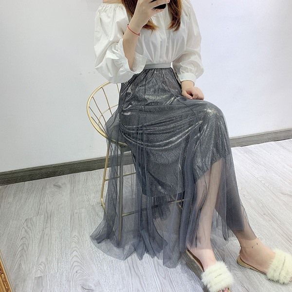 Fusta de dama moderna cu tul si efect stralucitor - trei culori