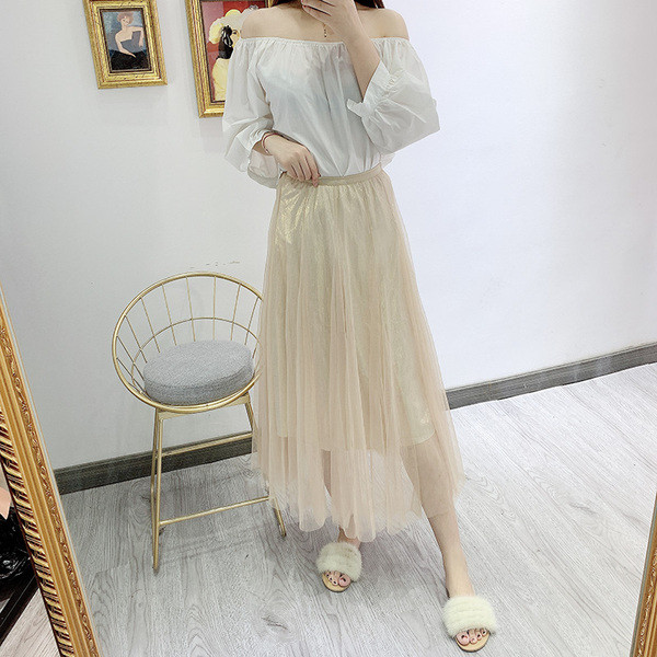 Fusta de dama moderna cu tul si efect stralucitor - trei culori