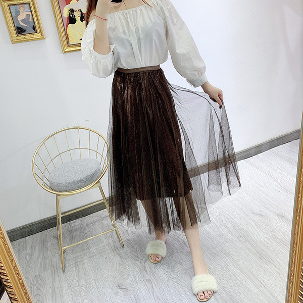 Fusta de dama moderna cu tul si efect stralucitor - trei culori