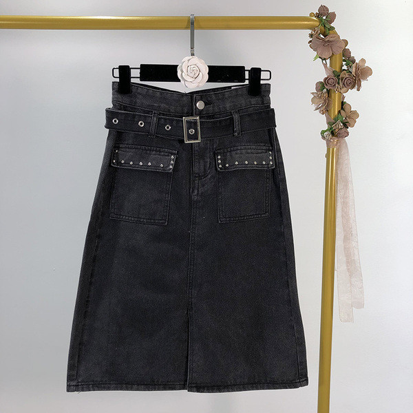 Fusta de dama din denim cu curea de culoare neagra