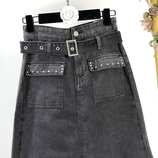 Fusta de dama din denim cu curea de culoare neagra