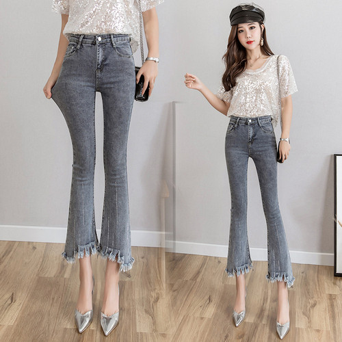 Blugi de dama actuali in gri cu motive rupte cu talie inalta