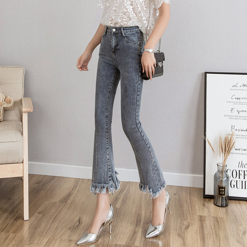 Blugi de dama actuali in gri cu motive rupte cu talie inalta