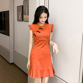 Rochie elegantă de damă în două culori - portocaliu și verde