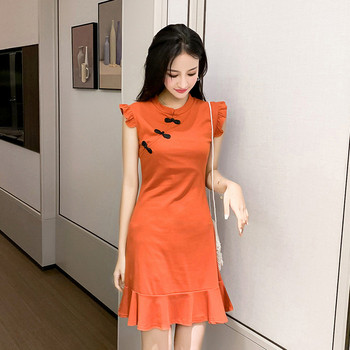 Rochie elegantă de damă în două culori - portocaliu și verde