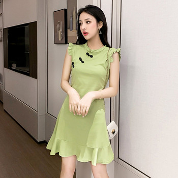 Rochie elegantă de damă în două culori - portocaliu și verde