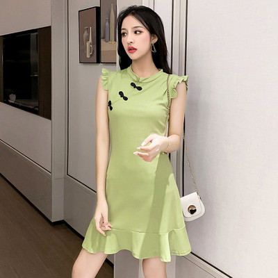 Rochie elegantă de damă în două culori - portocaliu și verde