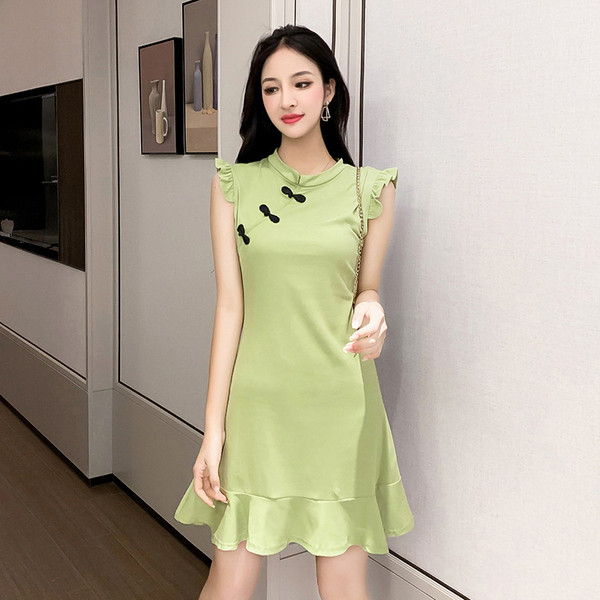 Rochie elegantă de damă în două culori - portocaliu și verde