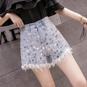 Pantaloni scurți de damă cu talie înaltă cu paiete în albastru