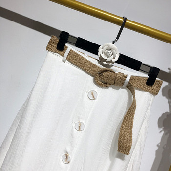 Дамска дълга пола в бял цвят с копчета и колан