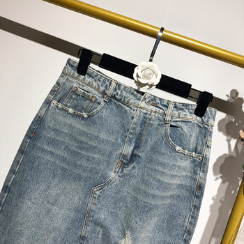 Fusta lungă din denim cu motiv albastru rupt