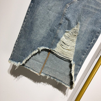 Fusta lungă din denim cu motiv albastru rupt