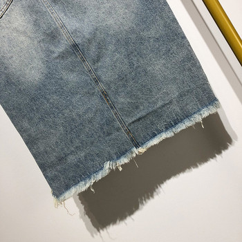 Fusta lungă din denim cu motiv albastru rupt