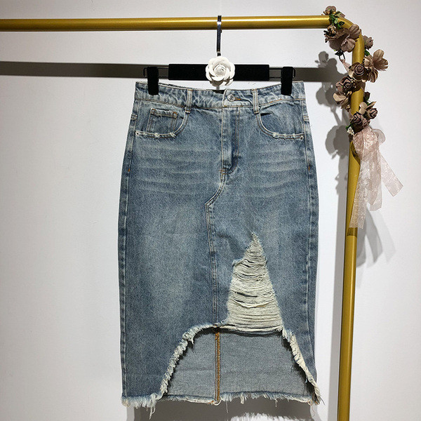 Fusta lungă din denim cu motiv albastru rupt