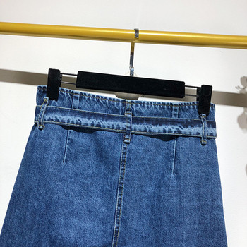 Fusta lunga din denim cu nasturi si cravate in talie