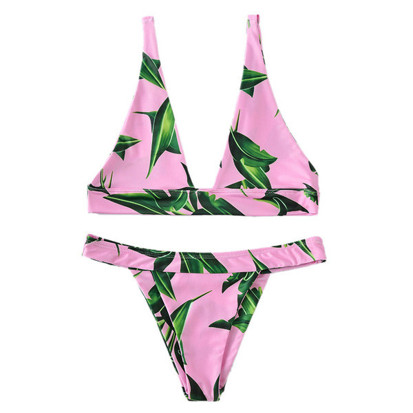 Μοντέρνο μαγιό μπικίνι  σε ροζ με σχέδια με λουλούδια - δύο μοντέλα