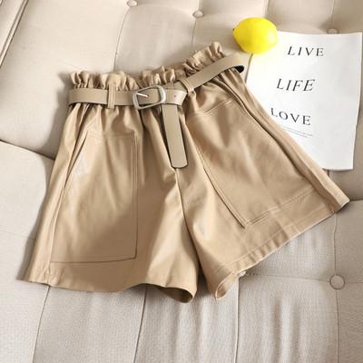 Pantaloni scurți casual dama din imitatie de piele si buzunar in trei culori