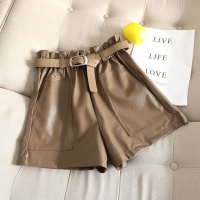 Pantaloni scurți casual dama din imitatie de piele si buzunar in trei culori