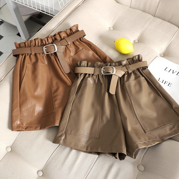 Pantaloni scurți casual dama din imitatie de piele si buzunar in trei culori