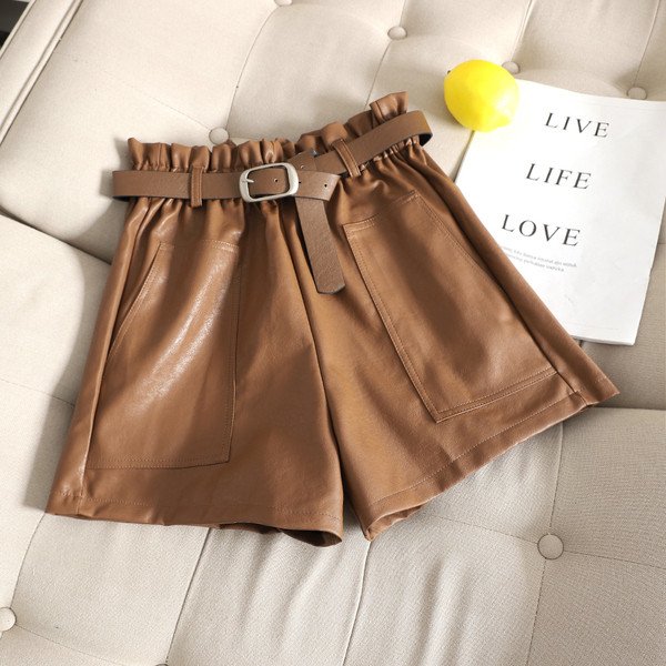 Pantaloni scurți casual dama din imitatie de piele si buzunar in trei culori