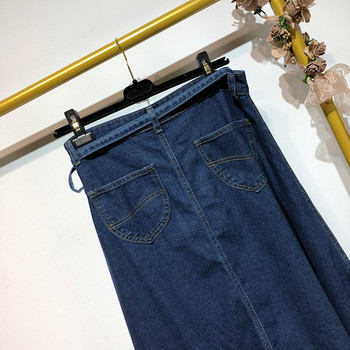 Fusta de denim lată cu legături în albastru