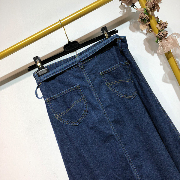 Fusta de denim lată cu legături în albastru