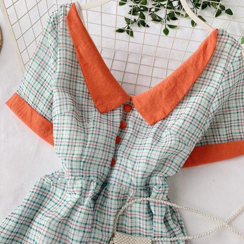 Rochie dama in carouri cu guler si maneci scurte