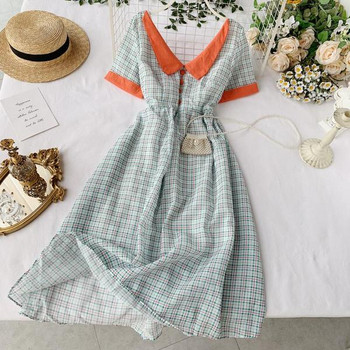 Rochie dama in carouri cu guler si maneci scurte