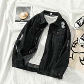 Jachetă modernă de denim de damă în negru cu motive rupte și aplicație în negru