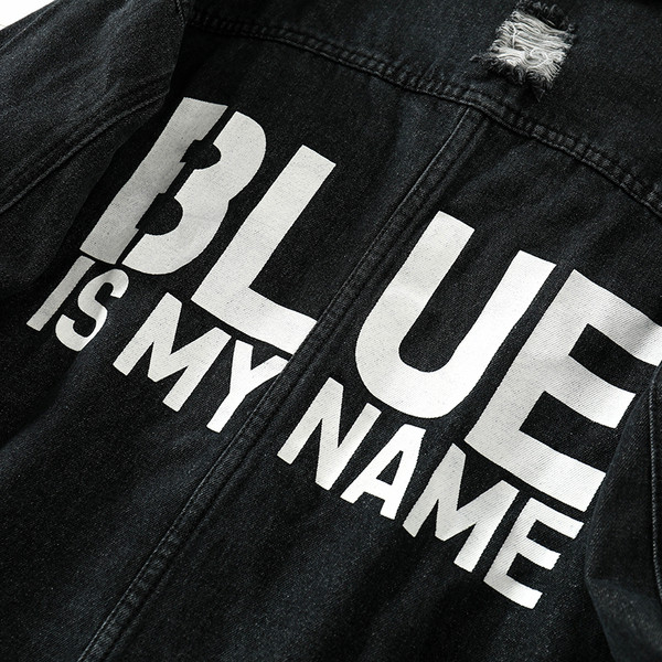 Jachetă modernă de denim de damă în negru cu motive rupte și aplicație în negru