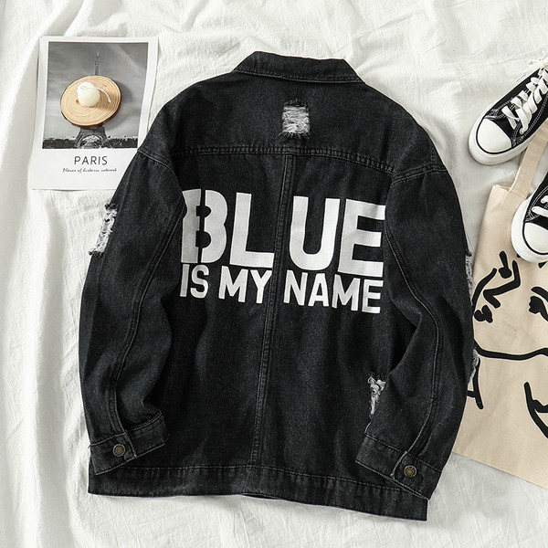 Jachetă modernă de denim de damă în negru cu motive rupte și aplicație în negru