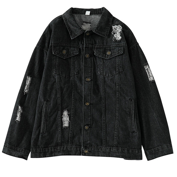 Jachetă modernă de denim de damă în negru cu motive rupte și aplicație în negru