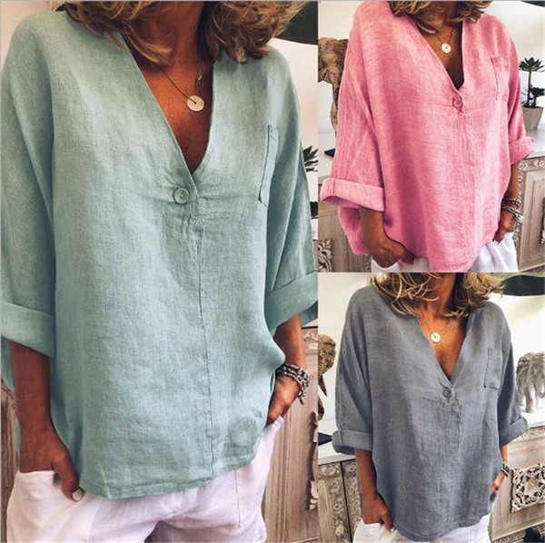 Bluză casual de damă cu buzunar și decolteu adânc în trei culori